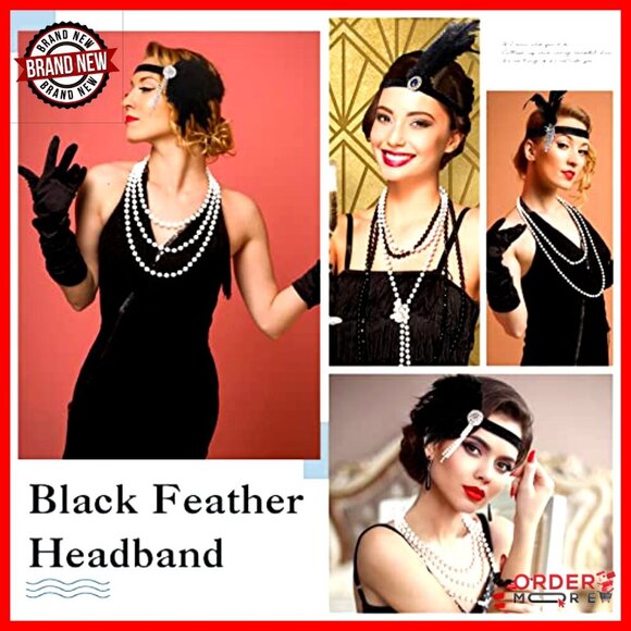 1920s Flapper Costume Headband Feather Headpiece Pearl Necklace Set